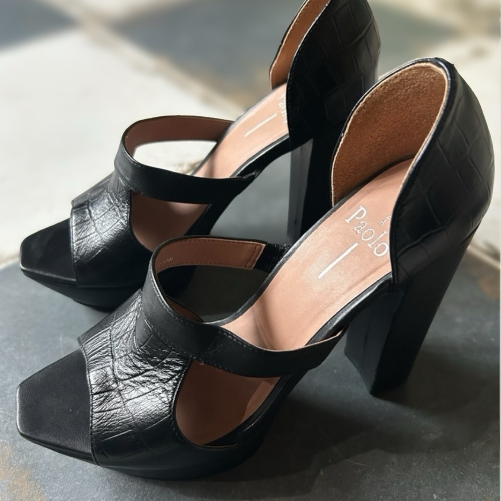 Linea Paolo Black Croc Leather Women's Heeled Peep Toe Sandals, 7.5. Like New!